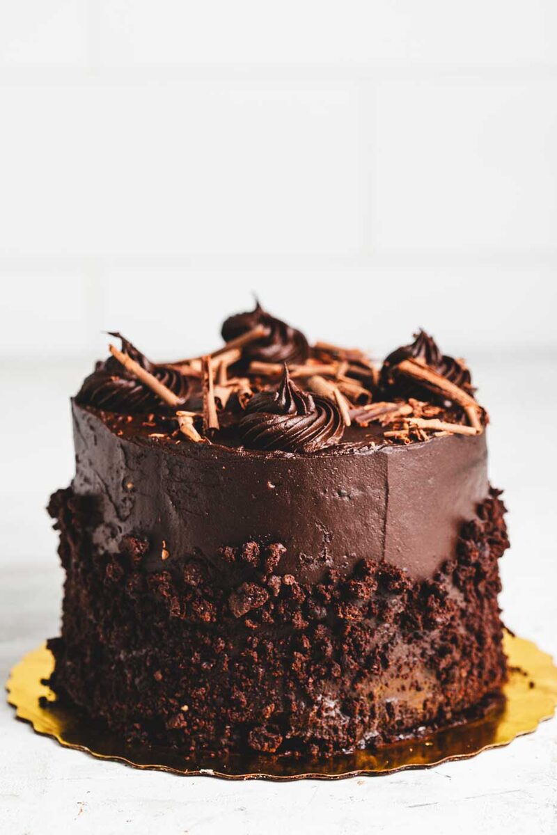 Tall chocolate layer cake with chocolate ganache