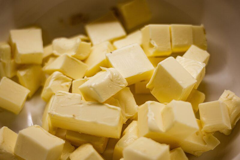 Cubes of cool vegan block butter in a bowl, ready for creaming