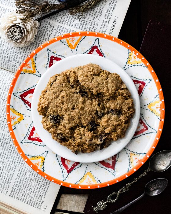 Overhead view of a single oatmeal raisin cookie on a patterned orange and red plate resting on an open book