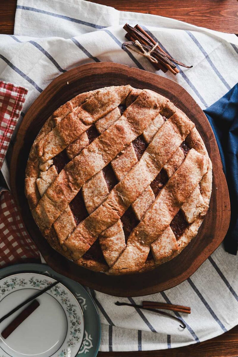 A vegan and gluten-free pie with a glossy crust
