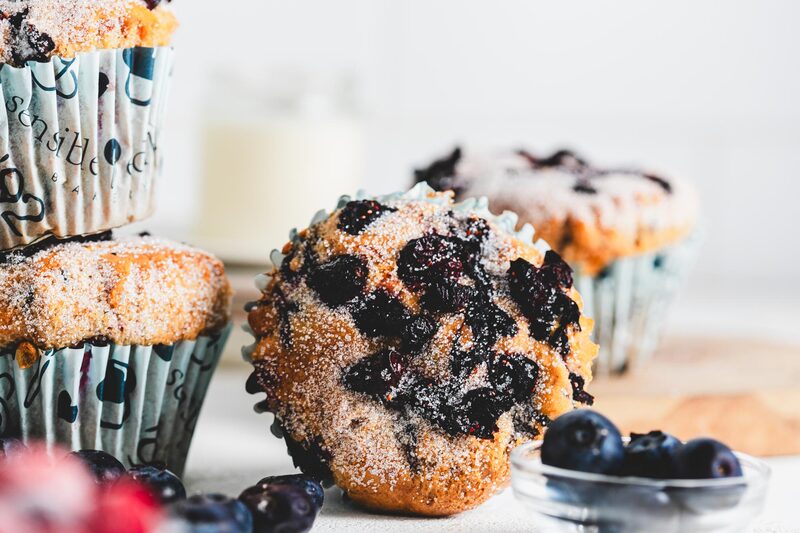 Vanilla berry muffins with fruit baked through